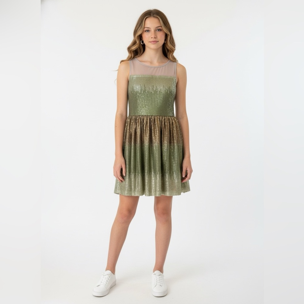 12 NEW Elisa‎ B Green & Gold Gorgeous Girls Sequin Dress Sheer Top